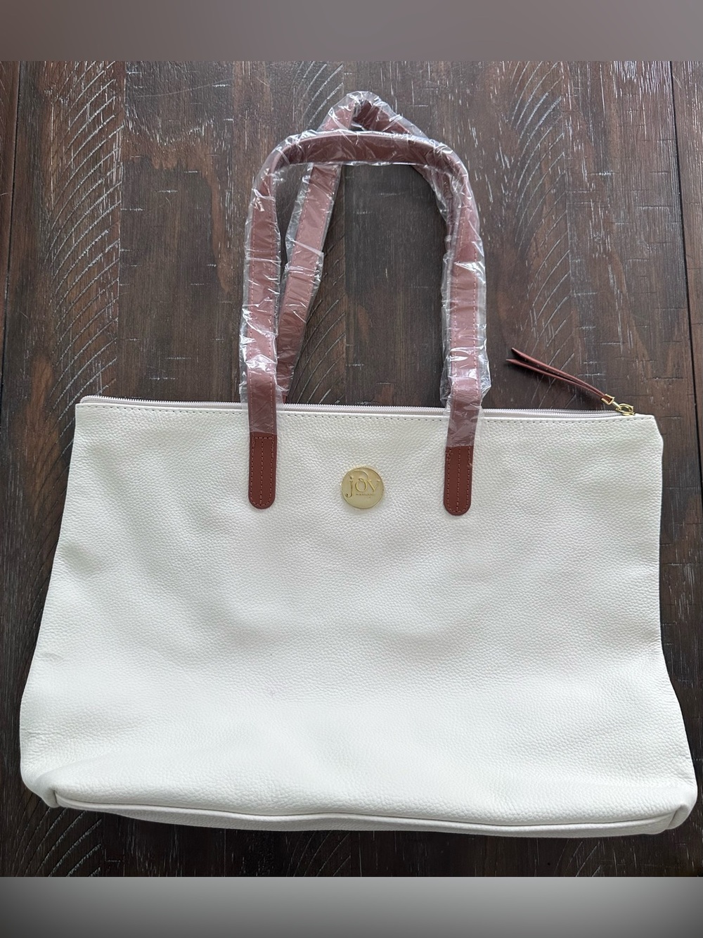 New Joy Mangano Cream Leather Tote with Brown Handles and Gold Logo